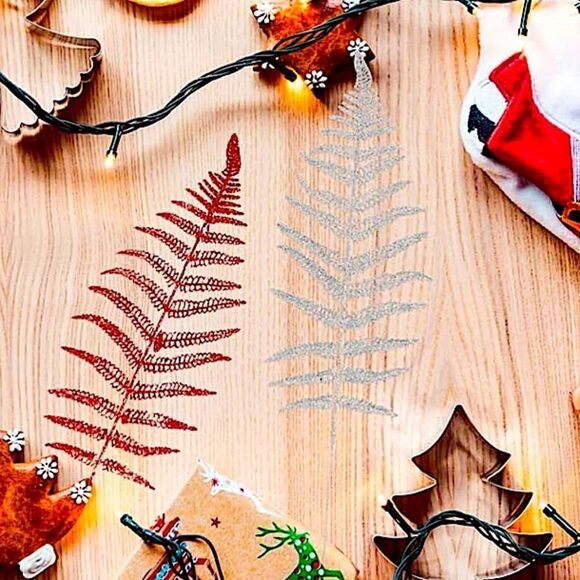 24 Christmas Glitter Artificial Boston Fern Leaves New Gold Red Silver Decor - Picture 3 of 3